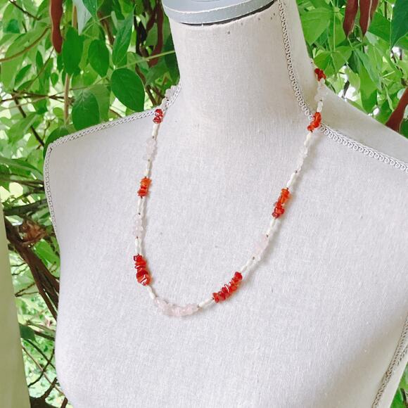 Vintage 90s Gemstone Necklace Carnelian Rose Quartz Shell Beaded Boho 24” - Picture 2 of 15